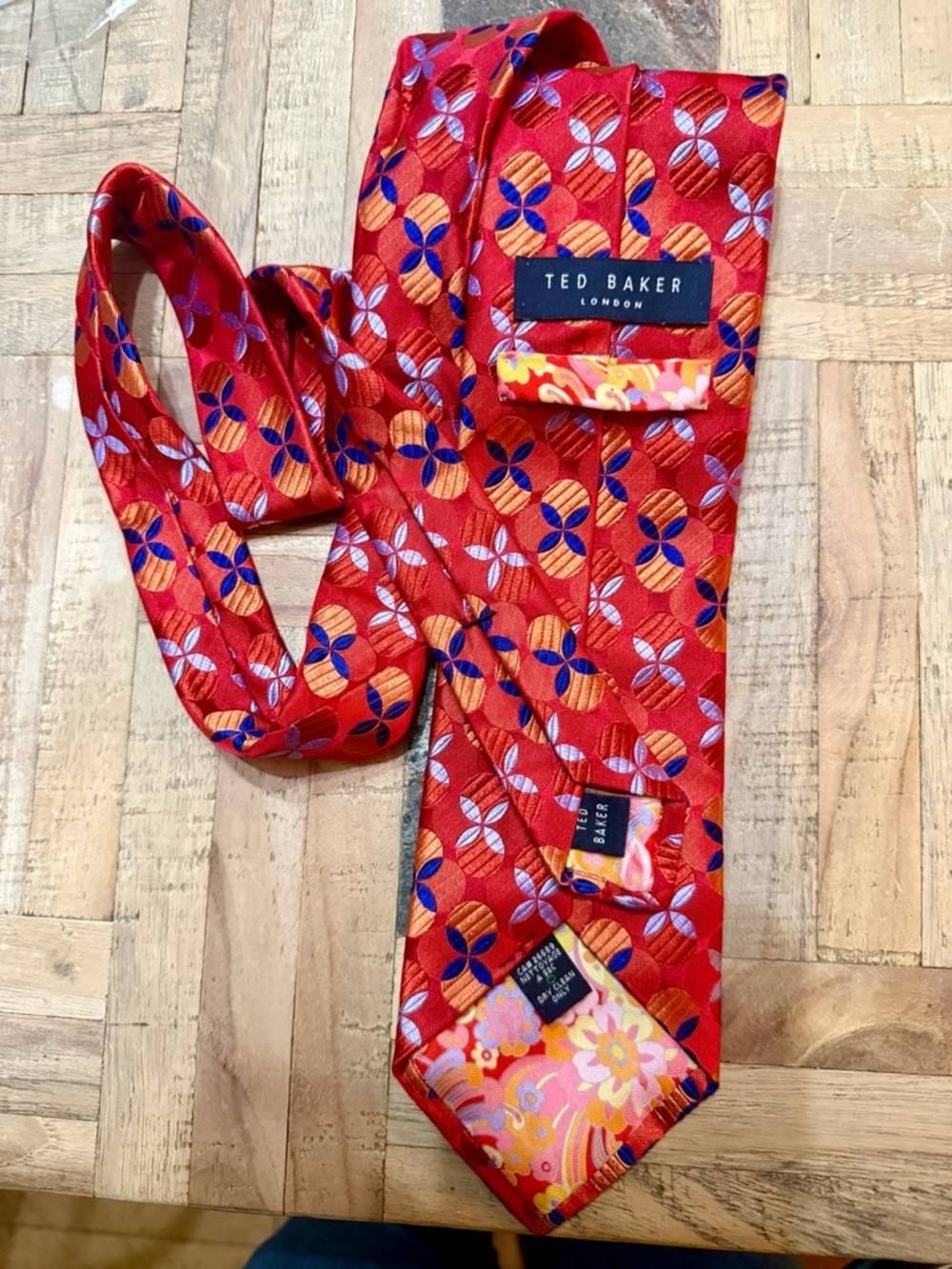 Ted Baker London Silk Tie | Red Geometric Medallion with Floral Tipping